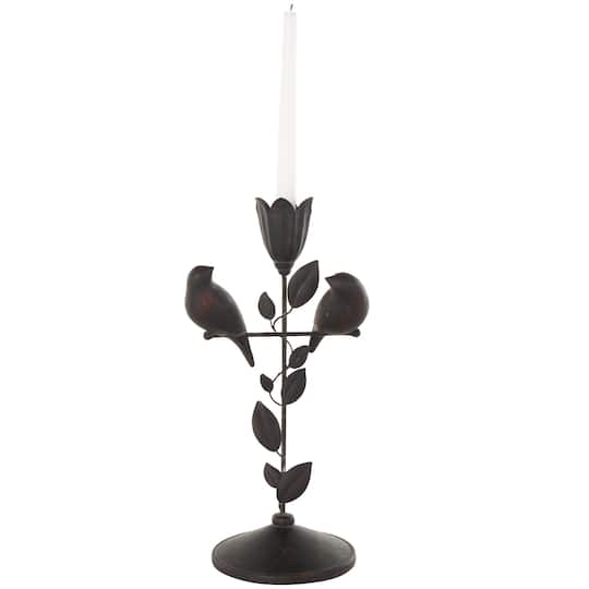 13.75" Black Bird Perching Decorative Sculpture with Leaf Vine & Copper Shading